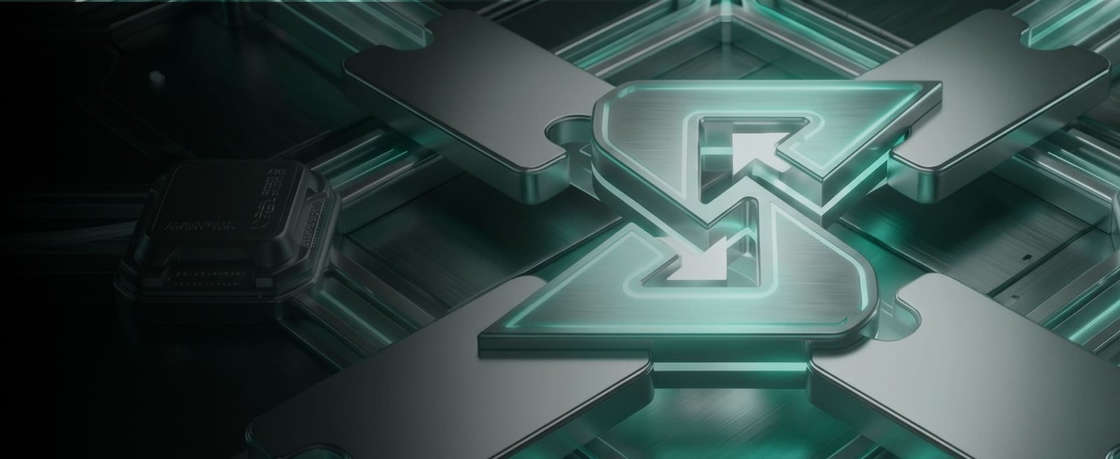 Abstract Finovo Prime partnership emblem rendered with glowing teal light
